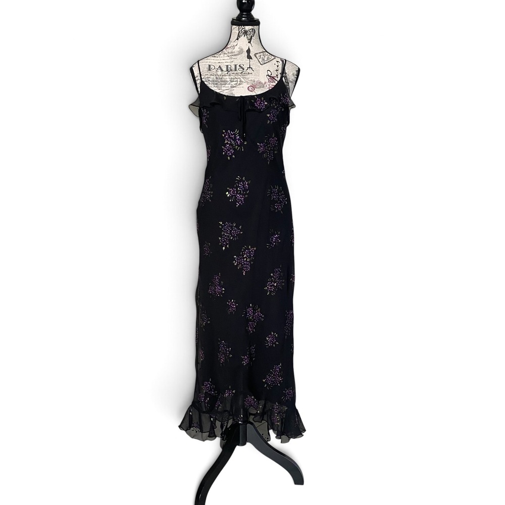 Chelsea Nites Maxi Dress Women 12 Black Purple Glitter Floral Ruffle Y2K Gown